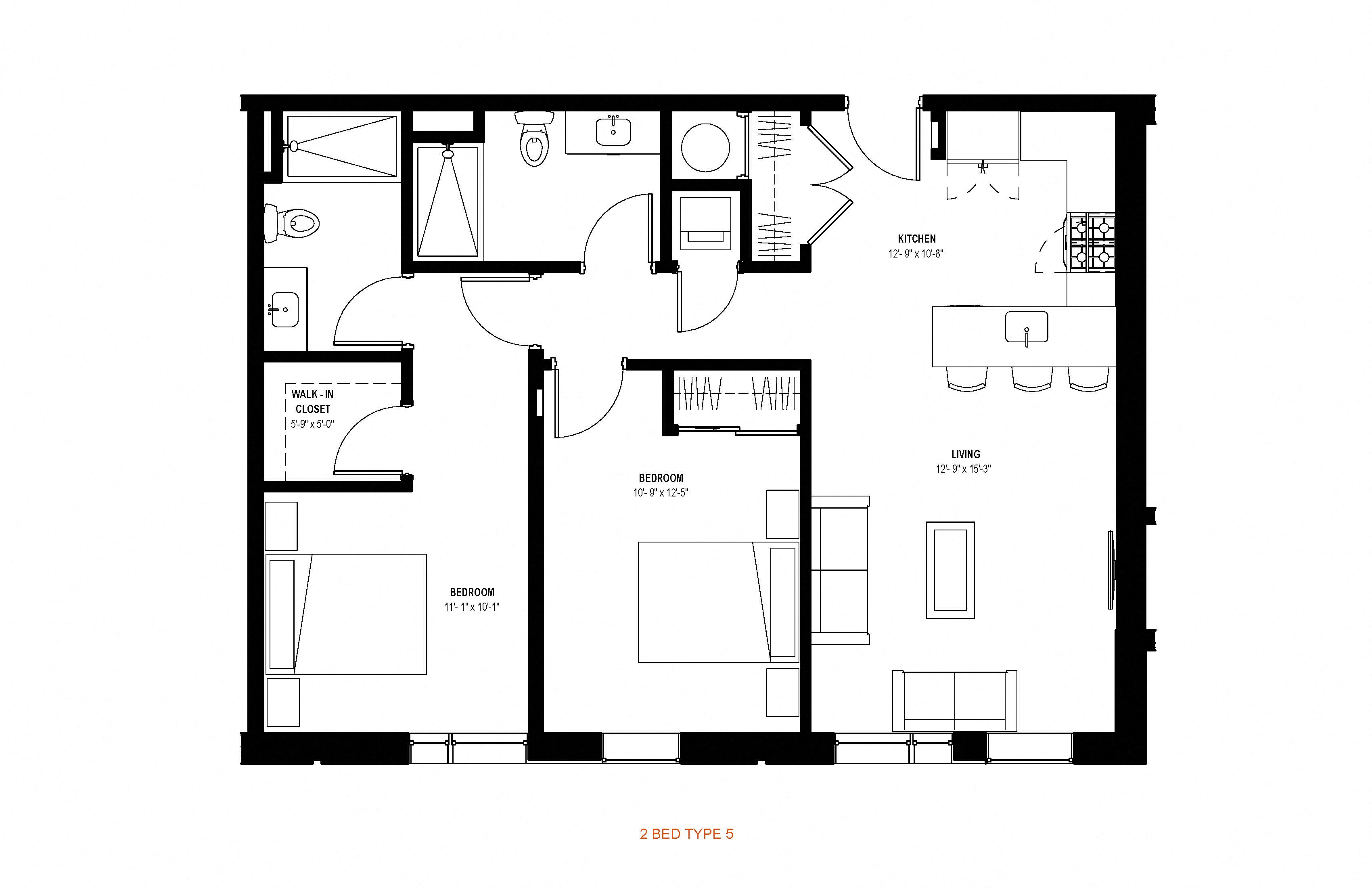 Floor plan for 2 beds, 2 baths, 998 sqft